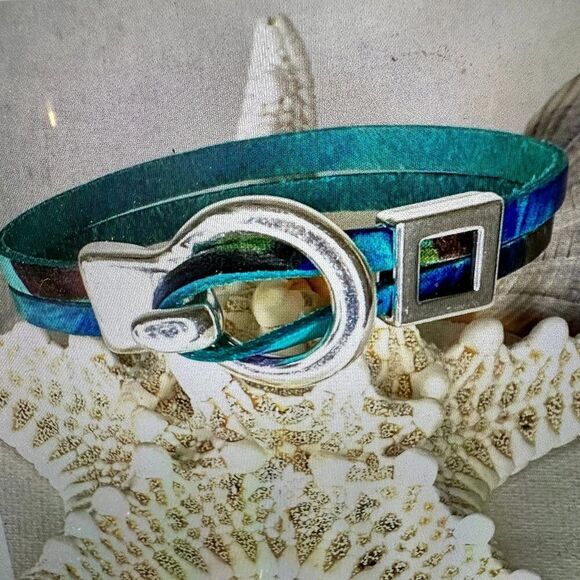 Leather Watercolor Teal Hippie Bracelet, Double Wrap, Belt Buckle Silver Clasp, - Picture 9 of 10